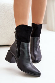 Black winter boots with side zipper and block heel in eco leather, featuring insulated lining for warmth and style.