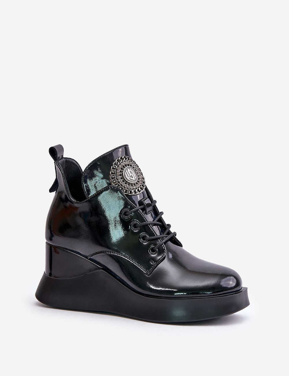 Alt Tag: Tavendra natural leather platform boots with block heel, side zipper, front lacing, and tongue embellishment for stylish urban wear.