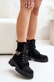Lindrava Cozy Suede Winter Boots in black, featuring lace-up design, side zipper, and decorative details for stylish warmth.