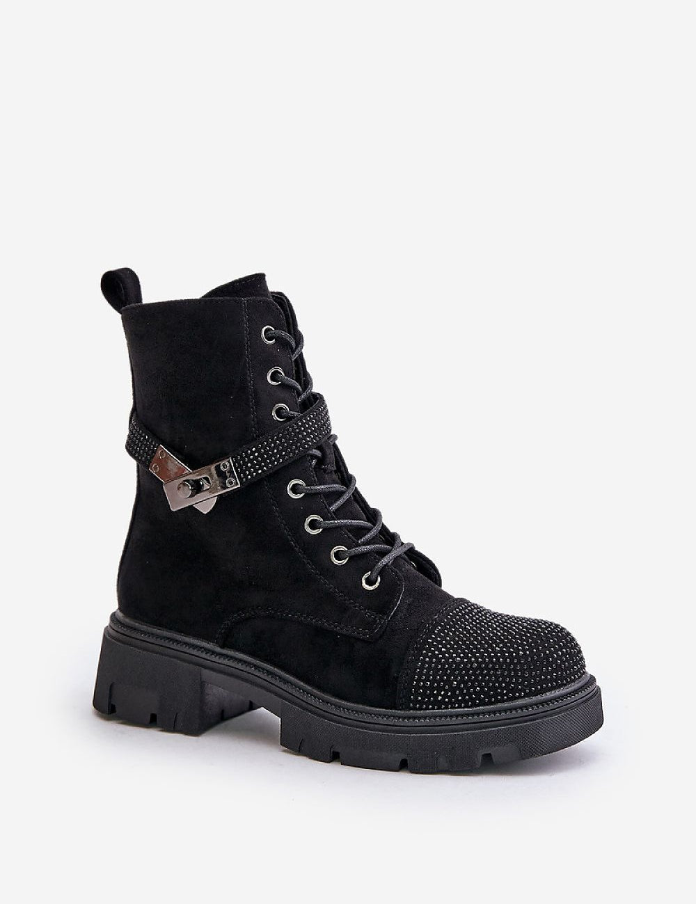 Black lace-up suede winter boot with decorative details, side zipper, and flat heel for cozy, stylish everyday wear.
