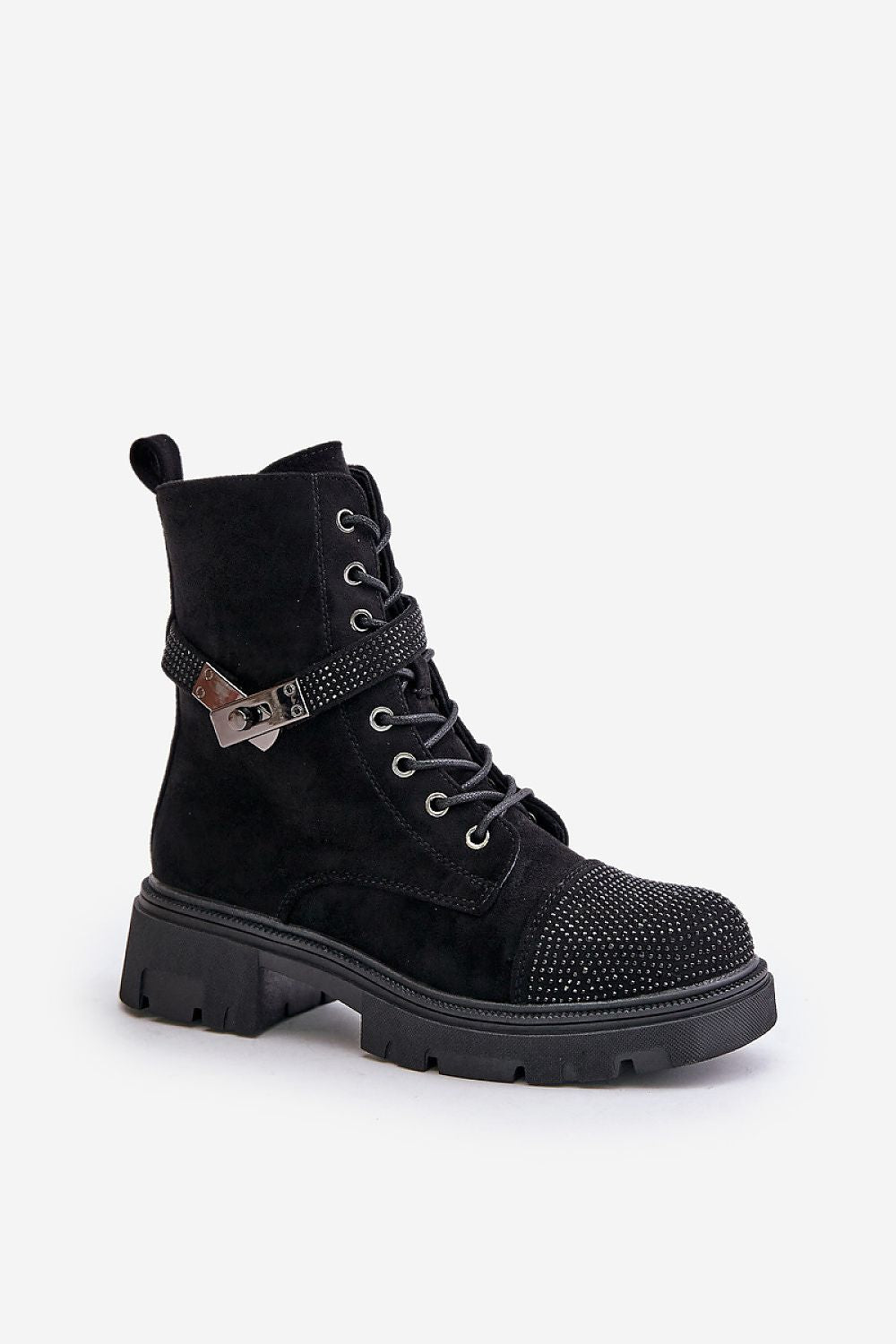Black lace-up suede winter boot with decorative details, side zipper, and flat heel for cozy, stylish everyday wear.