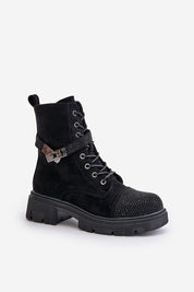 Black lace-up suede winter boot with decorative details, side zipper, and flat heel for cozy, stylish everyday wear.