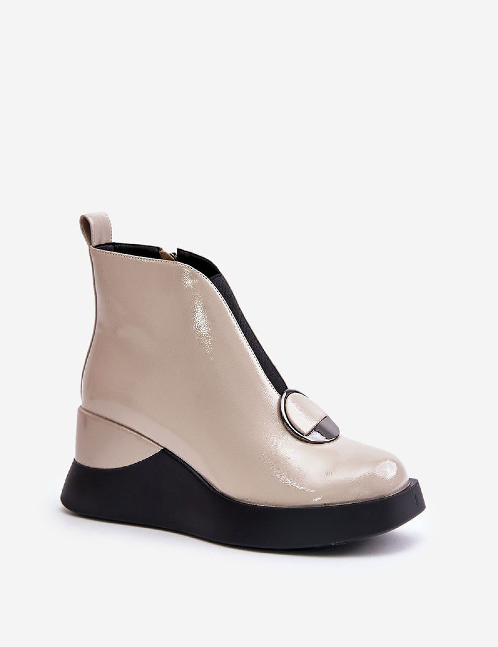 Bravina Platform Ankle Boots in eco leather with side zipper, elastic insert, and ornamental detail, featuring a substantial heel for comfort.