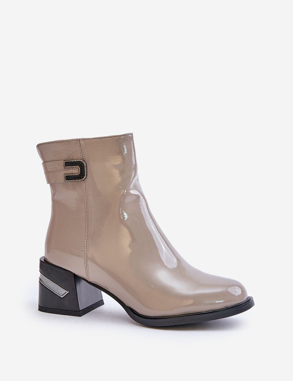 Glossy taupe ankle boot with black block heel and buckle accent on a white background.
