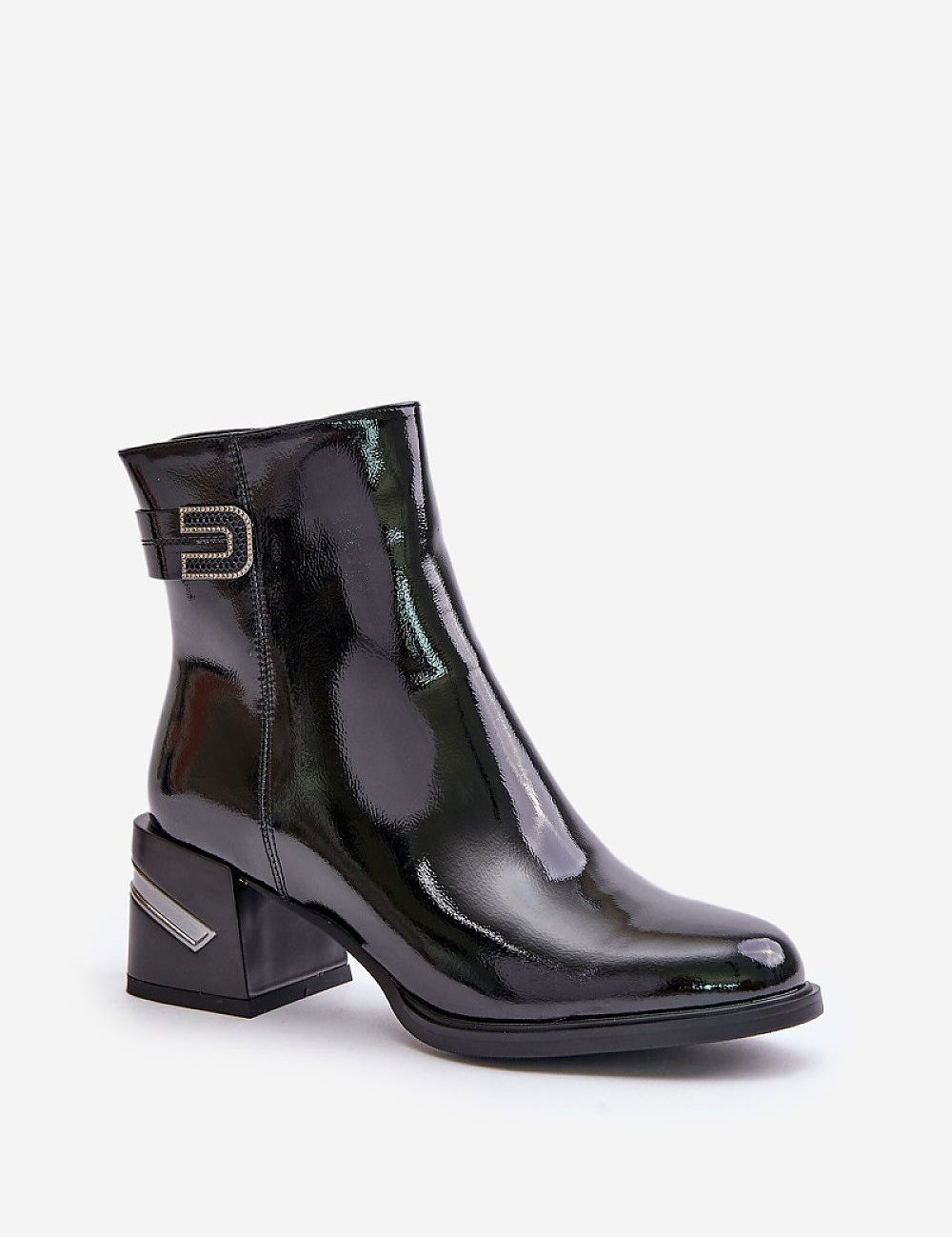 Glossy black ankle boot with silver buckle and chunky heel, featuring a modern and stylish design for fashion-forward footwear enthusiasts.
