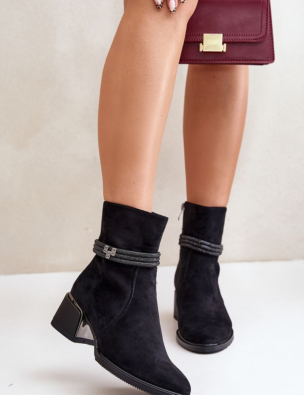 Arlena Suede Boots with Shimmer Trim, eco-friendly ankle boots with cozy interior, sleek zipper, and decorative stripes for winter wear