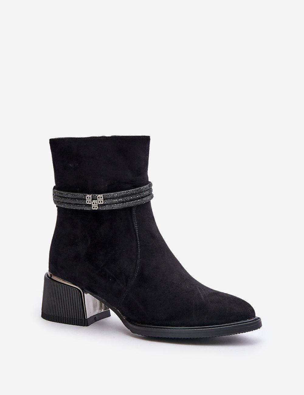Arlena black suede ankle boots with shimmer trim, featuring almond toes, 5 cm heel, and warm interior lining, perfect for winter style.