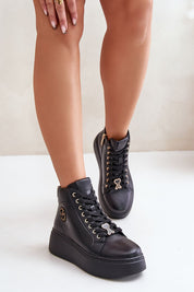 Ravella Leather Sneakers with Platform, featuring sleek black design, bold platform, double closure, and side zipper for a stylish fit.