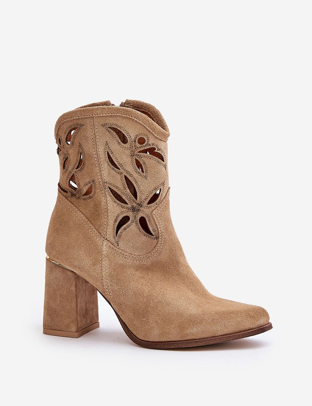 Lunavera Cutshade suede ankle boots with openwork design, pointed toe, and high heel, combining modern elegance with classic style.