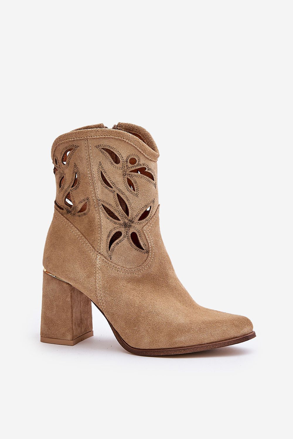 Lunavera Cutshade suede ankle boots with openwork design, pointed toe, and high heel, combining modern elegance with classic style.