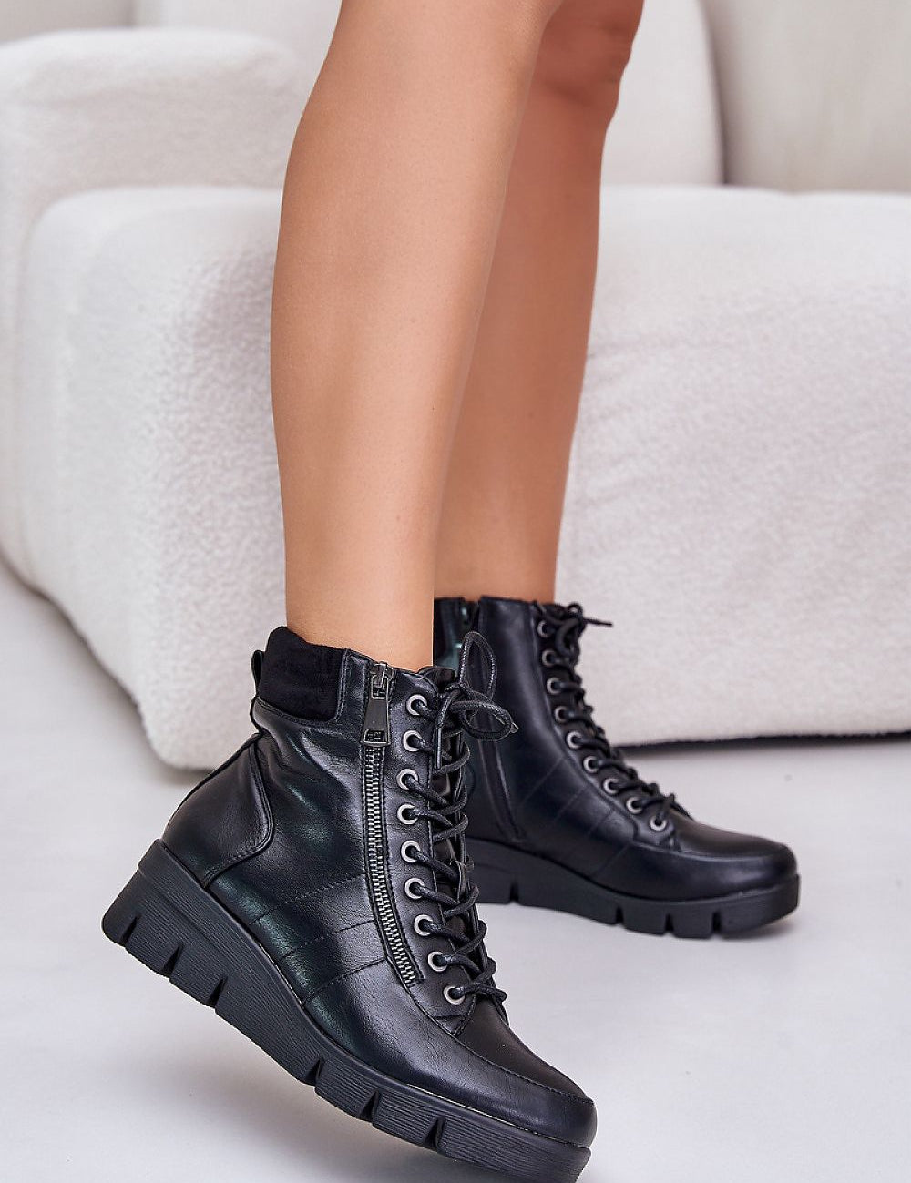 Myrella platform-laced winter boots in black eco leather with block heel, side zipper, offering style, comfort, and warmth for fall.