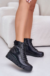 Myrella platform-laced winter boots in black eco leather with block heel, side zipper, offering style, comfort, and warmth for fall.