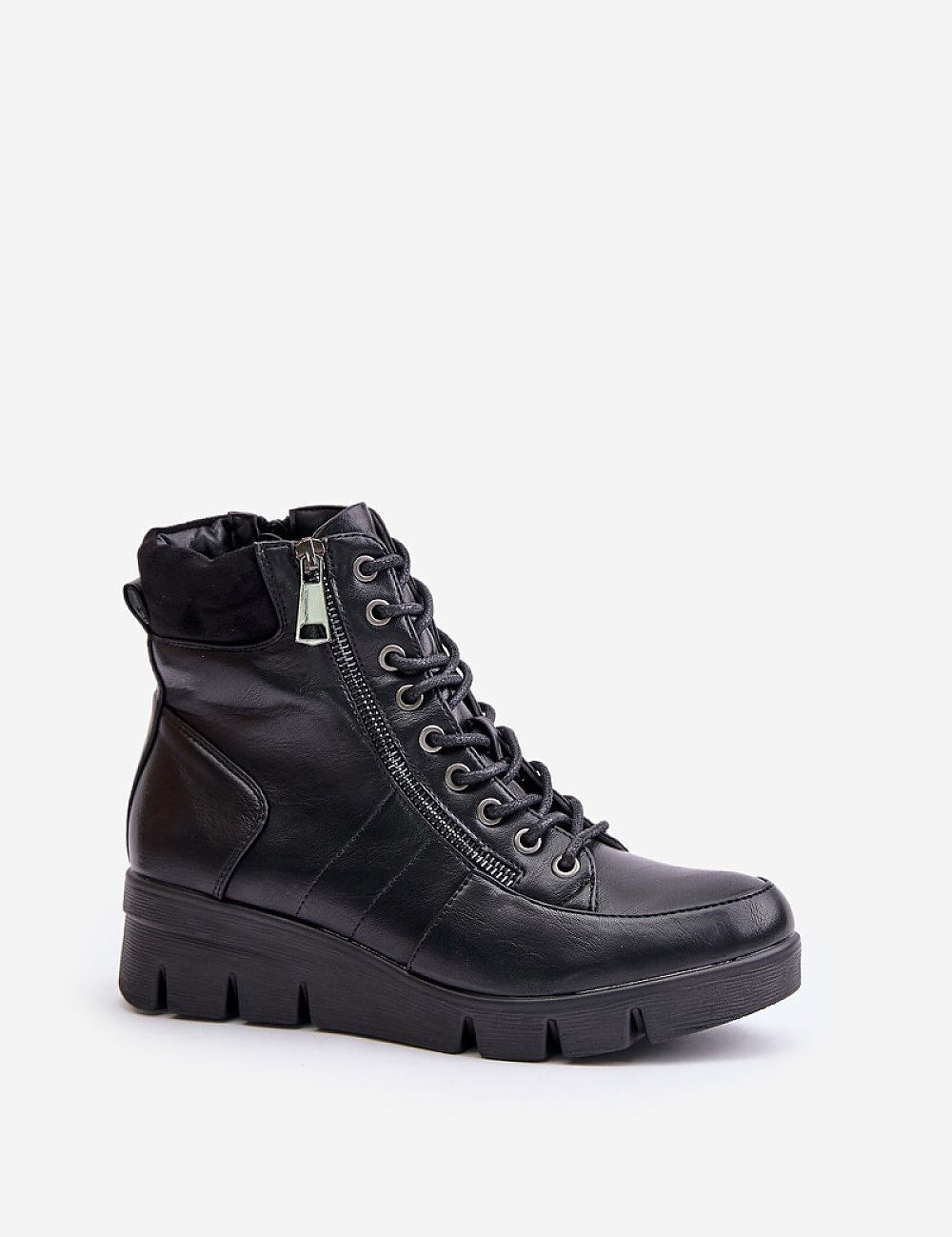 Black platform-laced winter boots with side zipper, eco leather, block heel, and soft lining for warmth and style.