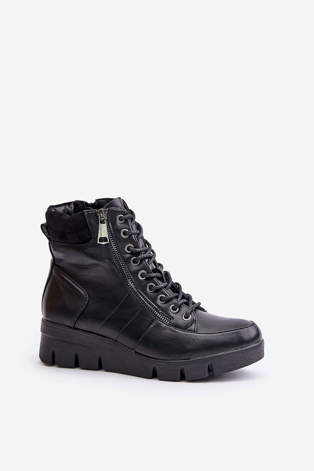 Black platform-laced winter boots with side zipper, eco leather, block heel, and soft lining for warmth and style.