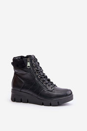 Black platform-laced winter boots with side zipper, eco leather, block heel, and soft lining for warmth and style.