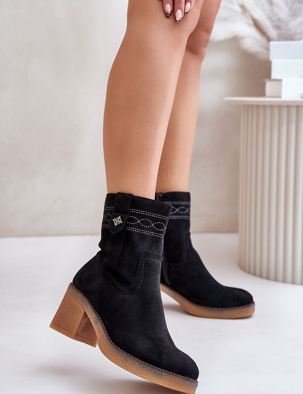 Evirenna Suede-Stitched Heel Boots with eco-suede, block heel, and insulated lining for elegant winter style.