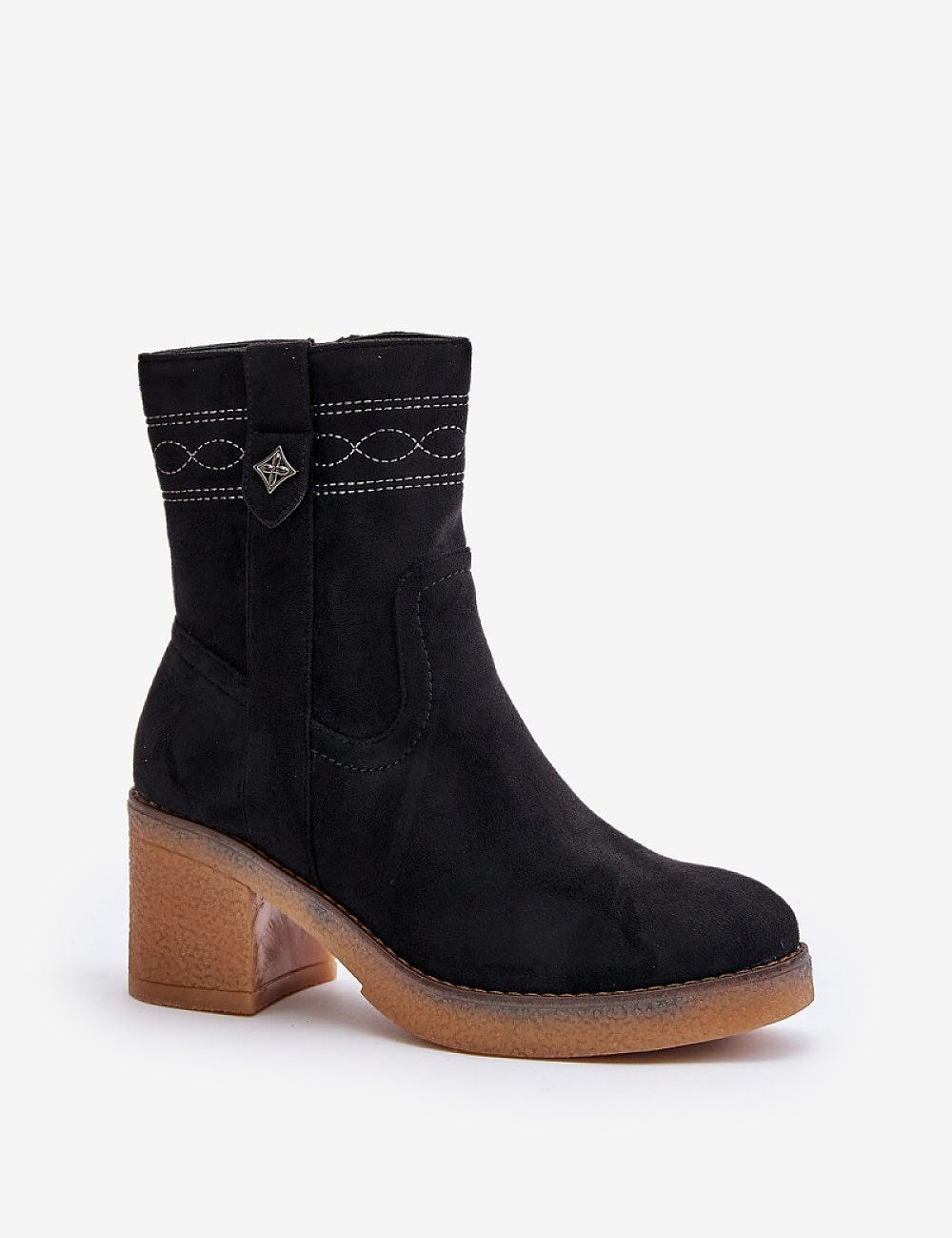 Evirenna eco-suede stitched heel boots, black block heel with rounded toe and insulated lining, women's winter footwear.