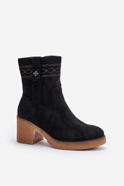 Evirenna eco-suede stitched heel boots, black block heel with rounded toe and insulated lining, women's winter footwear.