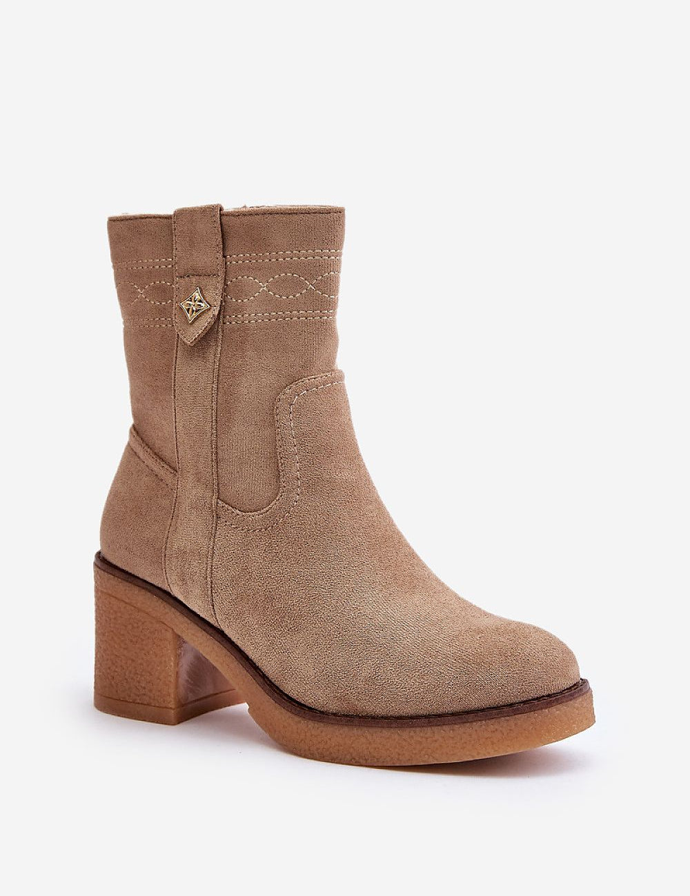 Evirenna eco-suede women's heel boots with stitched accents, block heel, round toe, and insulated lining.