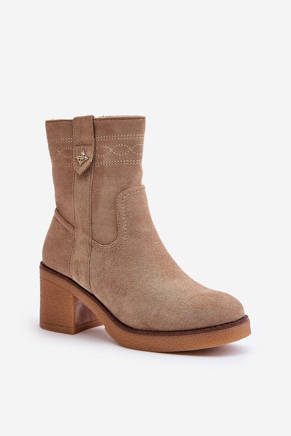 Evirenna eco-suede women's heel boots with stitched accents, block heel, round toe, and insulated lining.