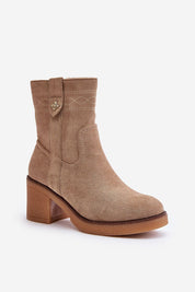 Evirenna eco-suede women's heel boots with stitched accents, block heel, round toe, and insulated lining.