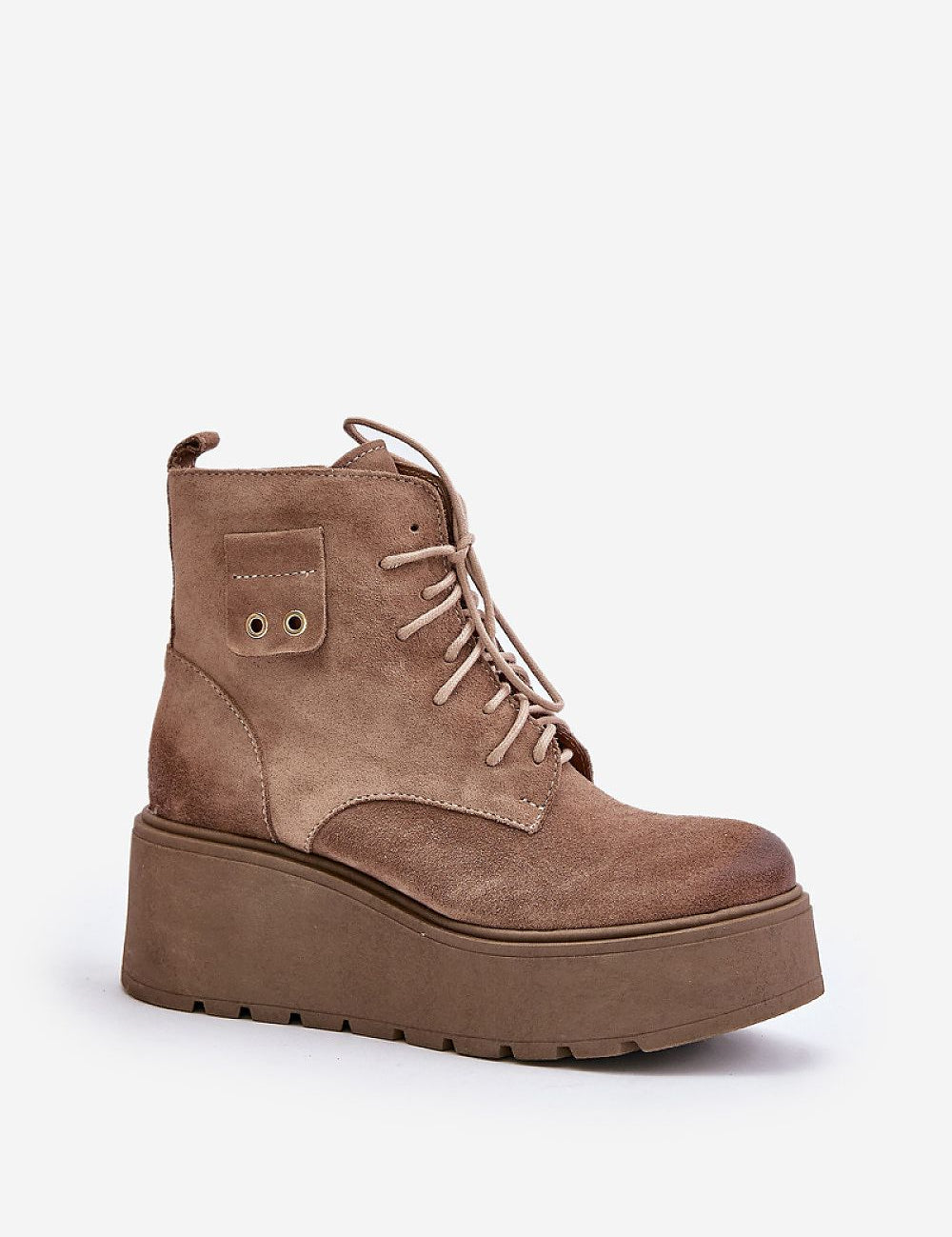 Tharvene Ridgewarm Sculpted Ease ankle boots with high wedge and grooved platform, showcasing natural leather and side zipper detail.