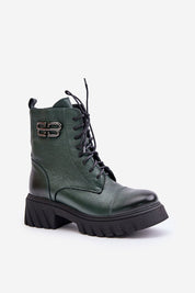 Green Lorvia Leather Platform Boot with black sole, side zipper, laces, and gold accent on the upper, perfect for autumn and winter.
