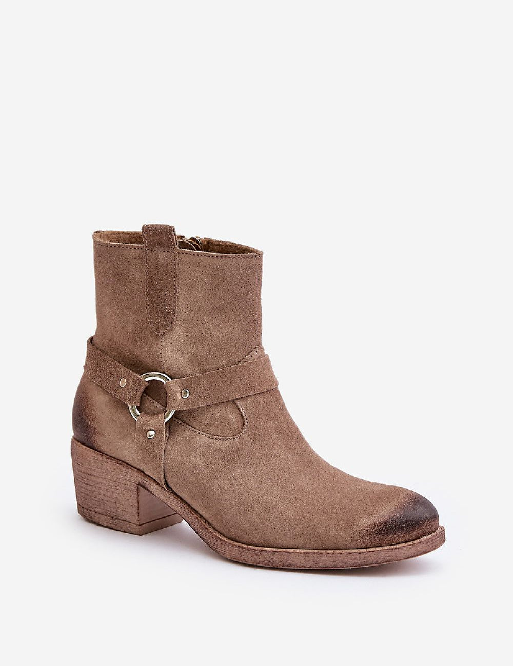 Eranise suede cold-weather boots with almond-toe design, low heel, stitched suede stripes, and soft felt lining for warmth.