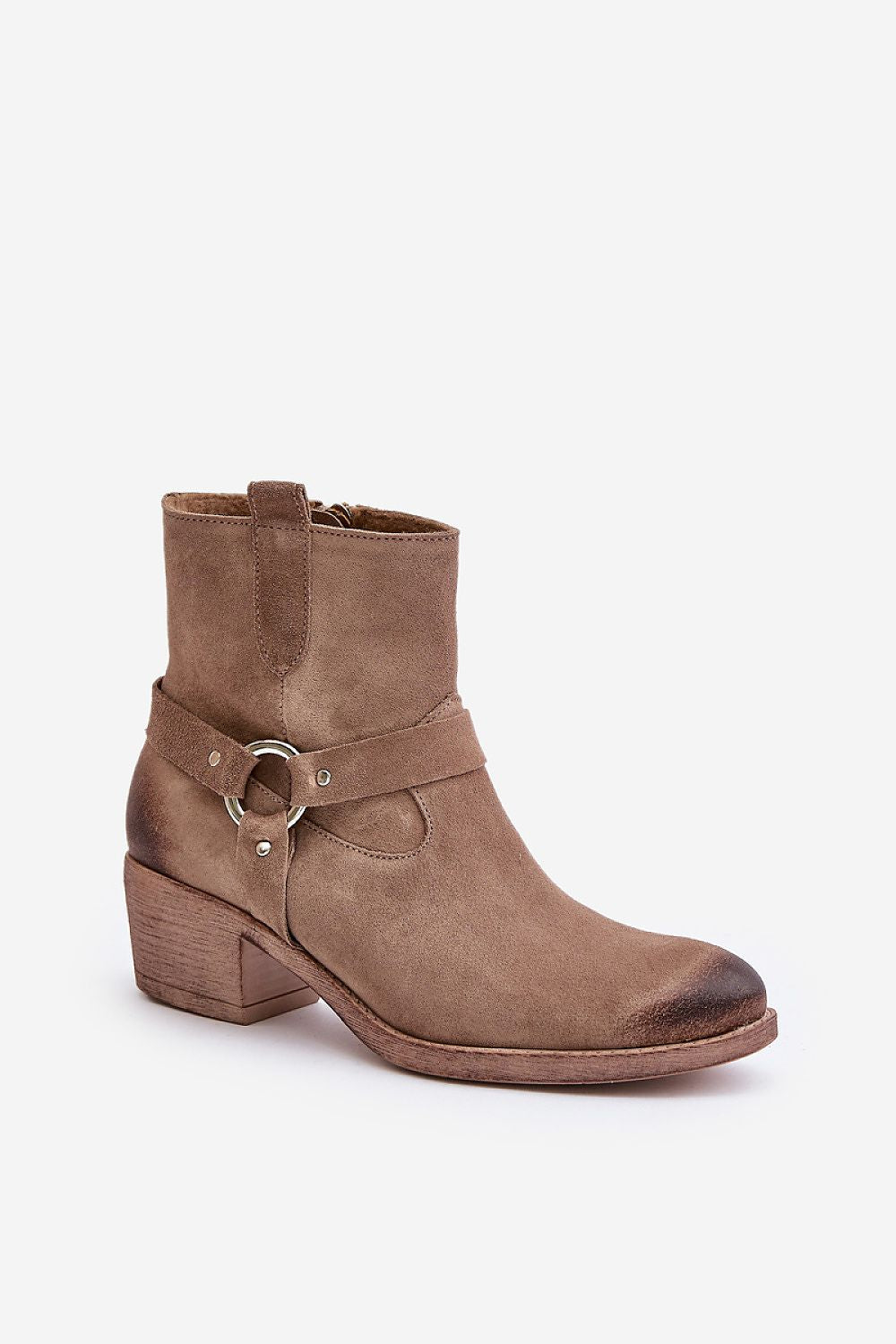 Eranise suede cold-weather boots with almond-toe design, low heel, stitched suede stripes, and soft felt lining for warmth.
