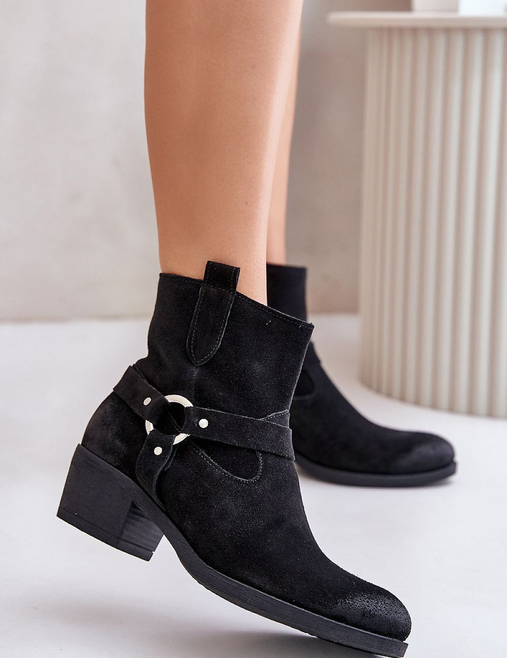 Eranise Suede Cold-Weather Boots with low heel, stitched suede stripes, and almond toe, perfect for elegant fall outfits.