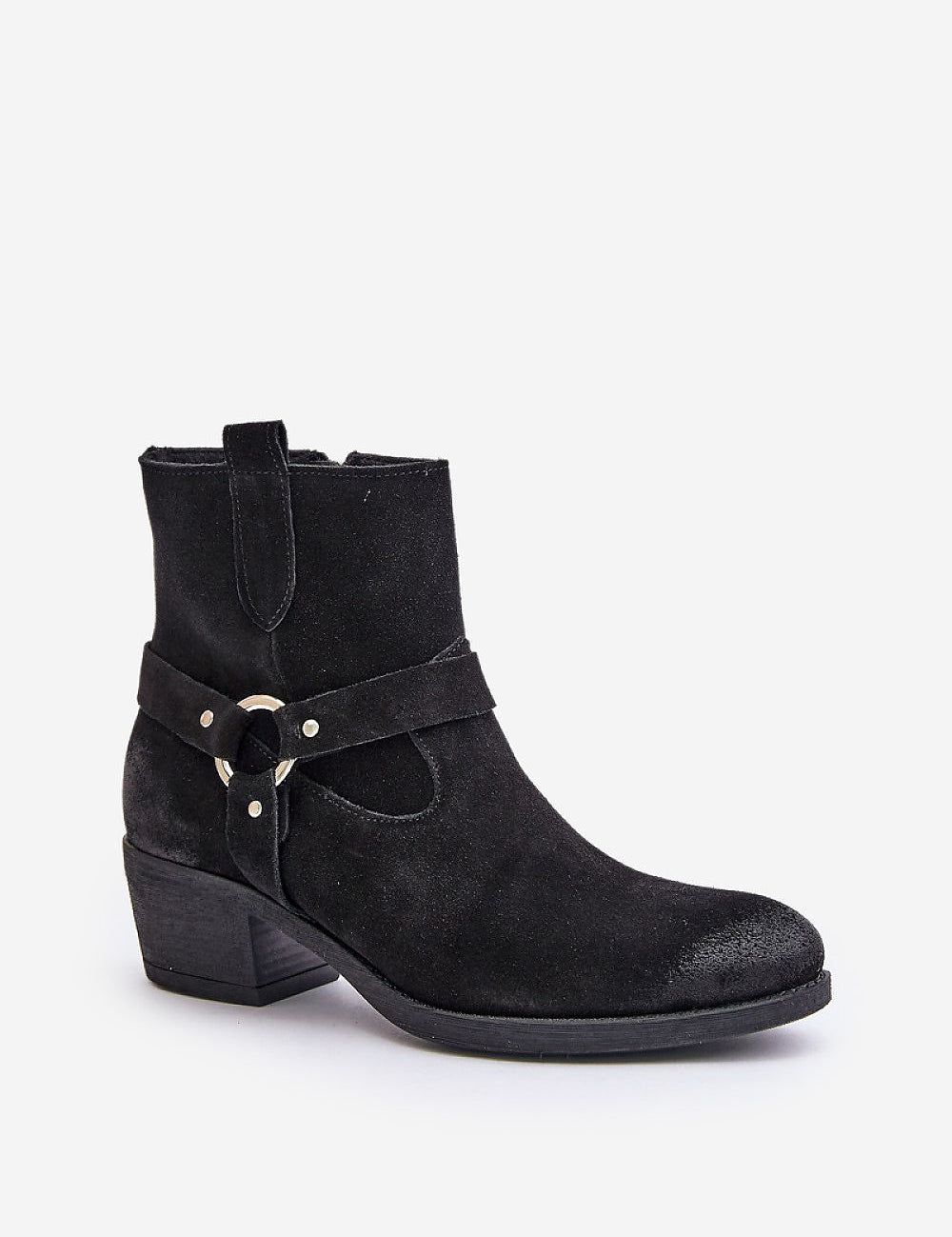 Eranise black suede cold-weather ankle boots with almond toe and low heel, featuring stitched stripes and felt lining for warmth.