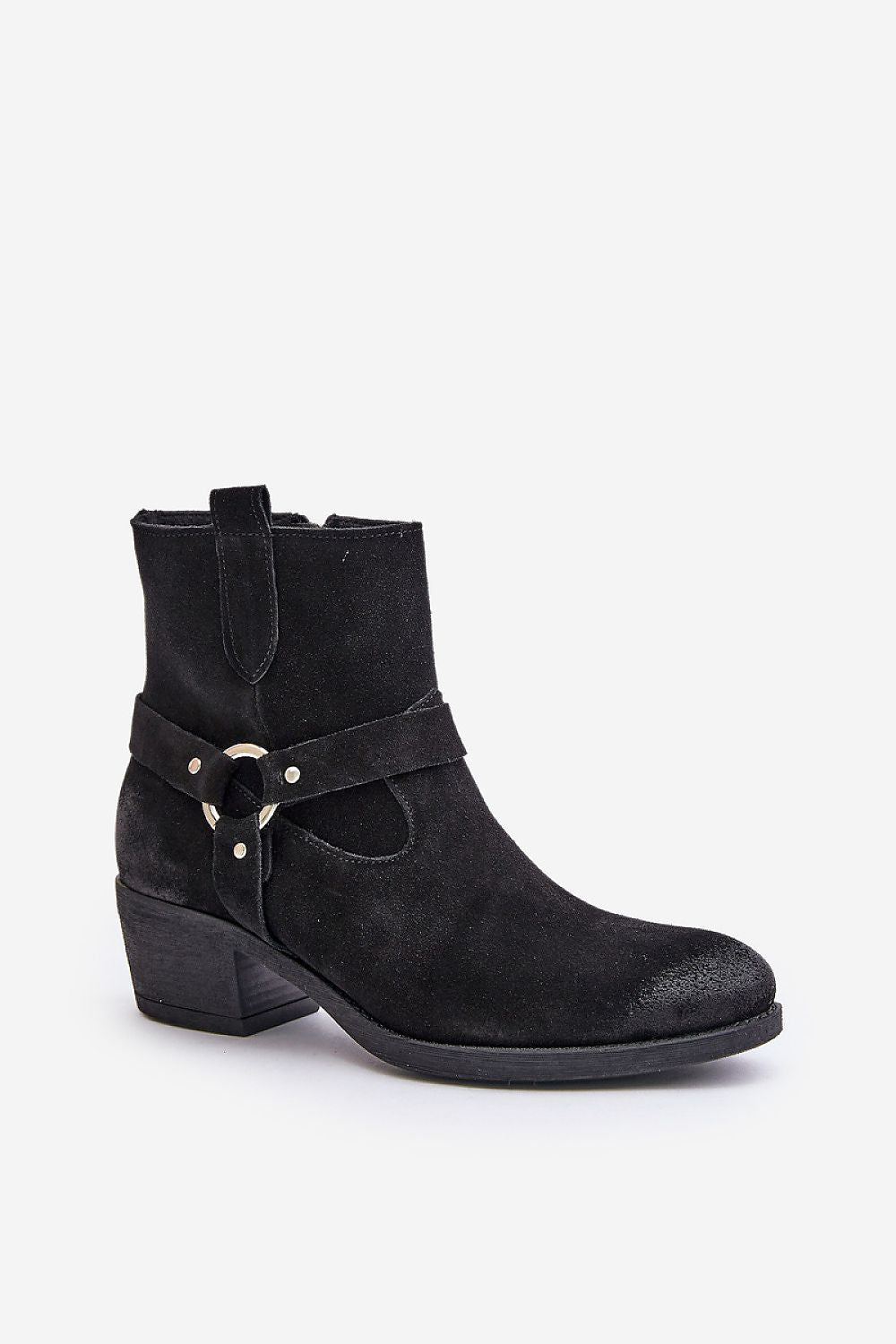 Eranise black suede cold-weather ankle boots with almond toe and low heel, featuring stitched stripes and felt lining for warmth.
