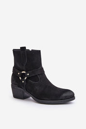 Eranise black suede cold-weather ankle boots with almond toe and low heel, featuring stitched stripes and felt lining for warmth.