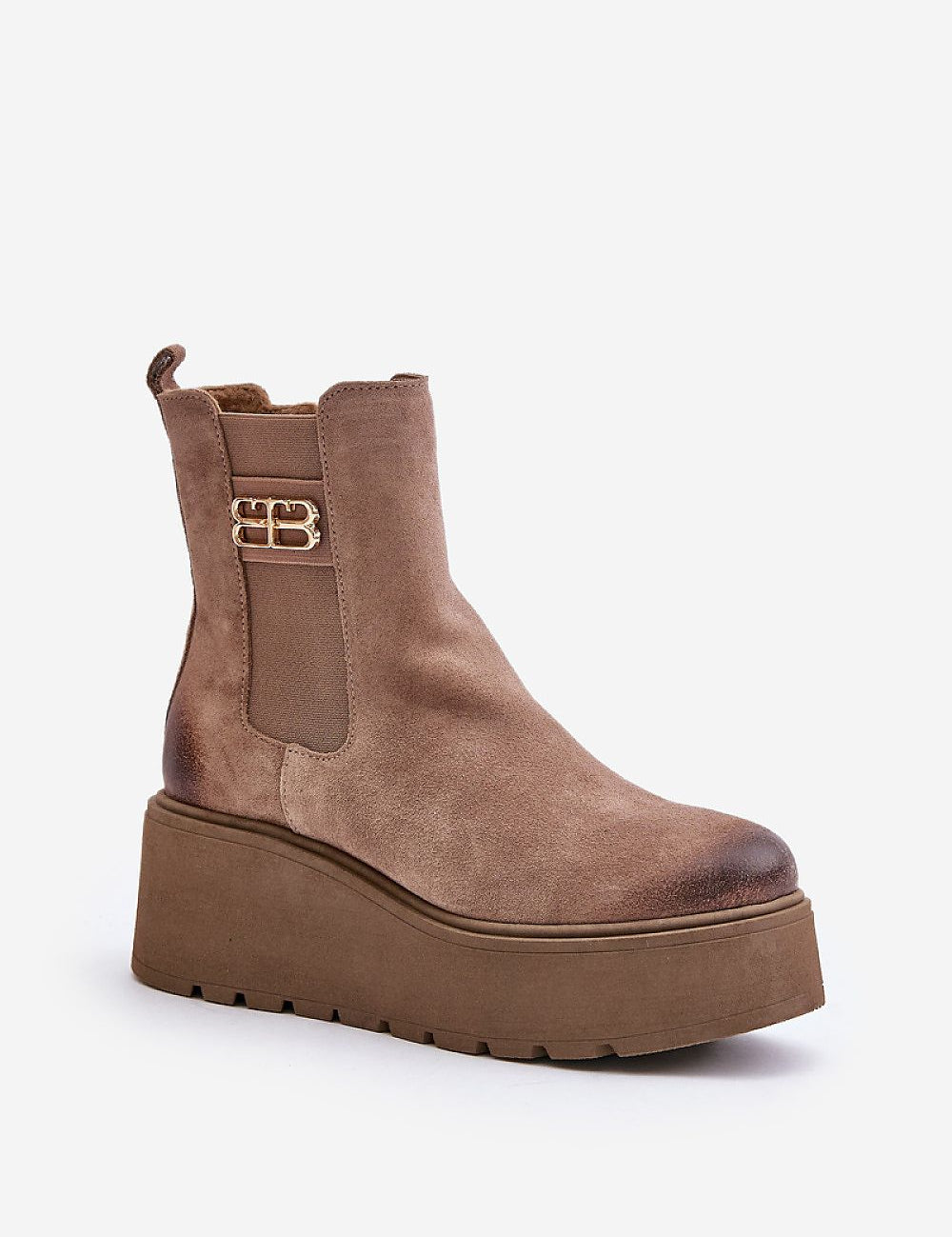 Varelyn Suede Platform Boots in brown with side zipper and decorative upper detail, thick platform, and sturdy heel for winter style and comfort.