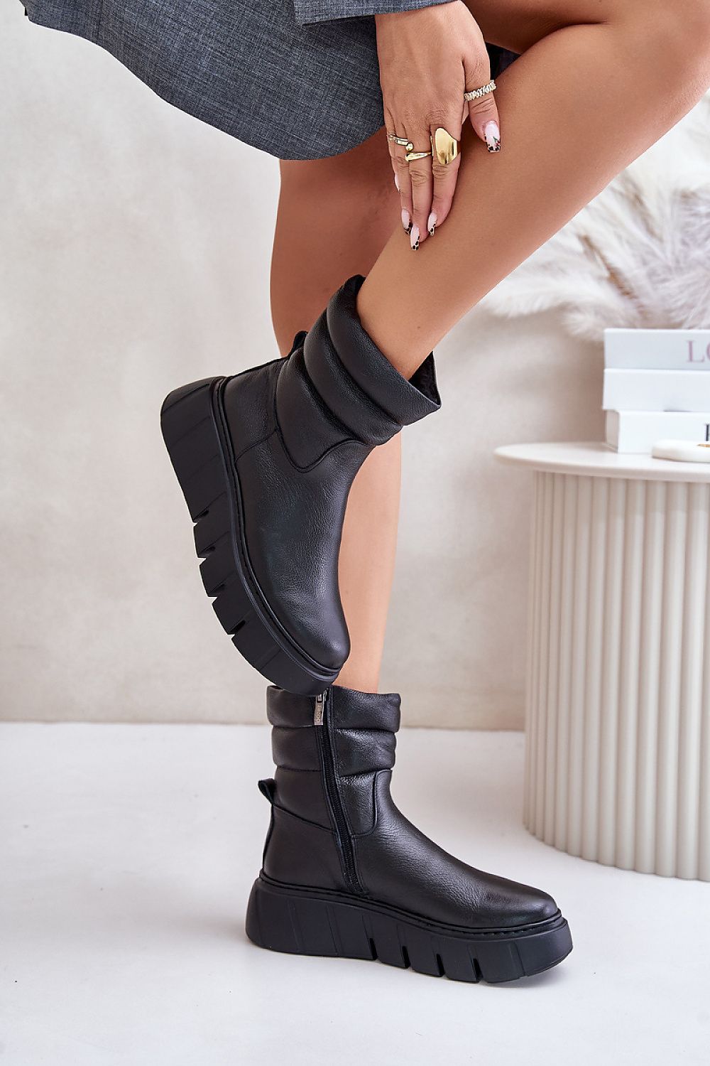 Orravelle Risefold Leather Balance ankle boots with side zipper and wedge platform, featuring felt lining and rounded toe for stability and comfort.