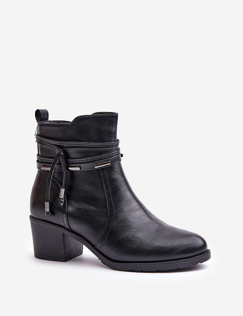 Olivaya eco-leather mid heel ankle boots with decorative stripe, rounded toe, and soft lining for stylish and warm daily wear.