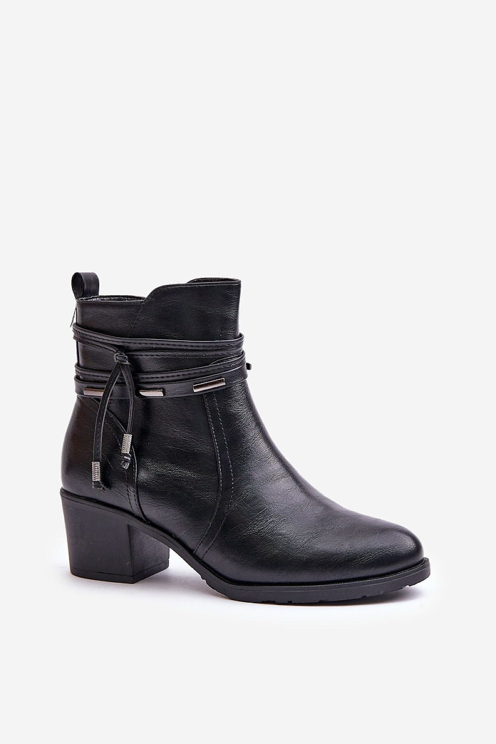 Olivaya eco-leather mid heel ankle boots with decorative stripe, rounded toe, and soft lining for stylish and warm daily wear.