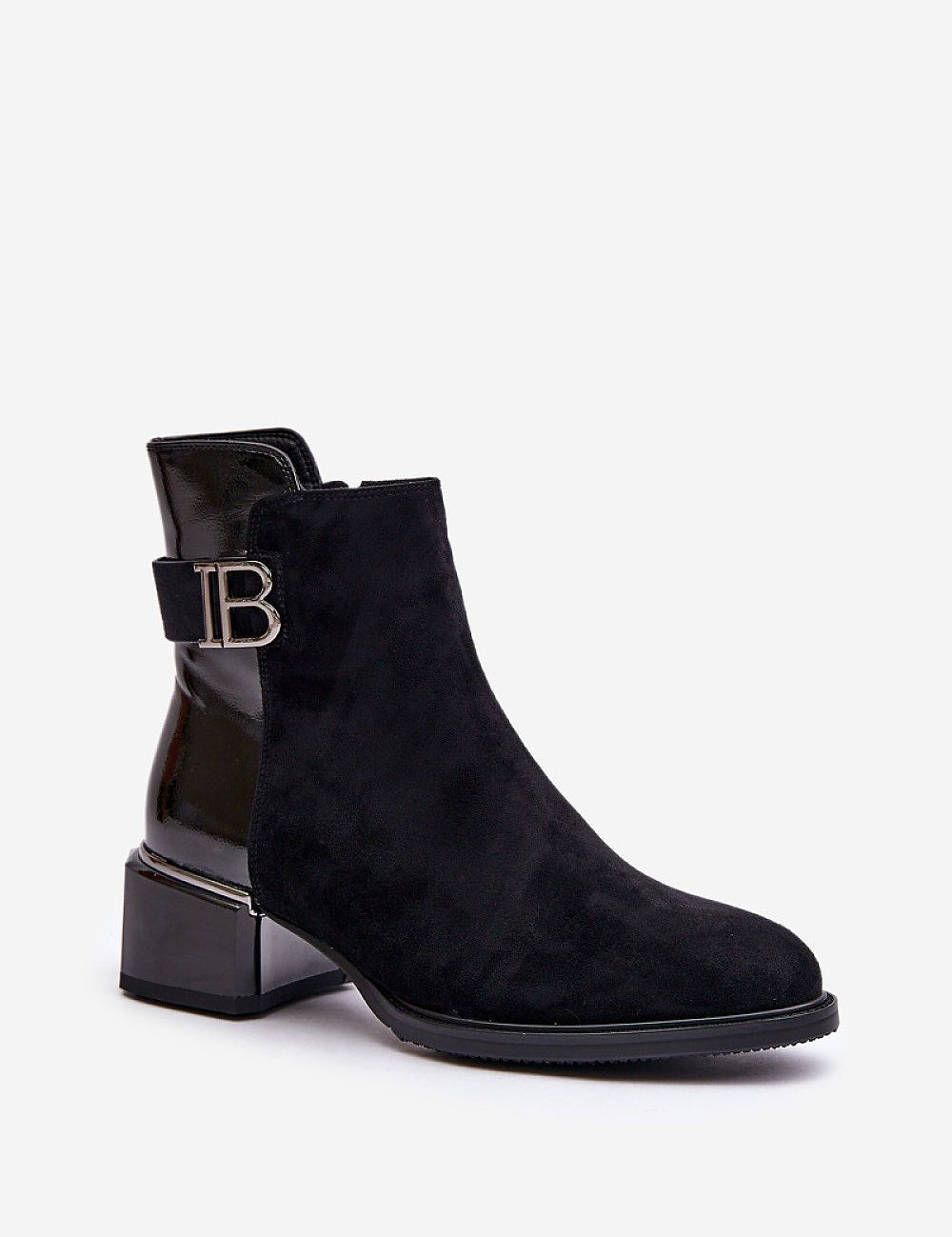 Black Seronda heeled belted ankle boots in eco-suede with rounded toe and block heel, featuring belt detail and zip closure.