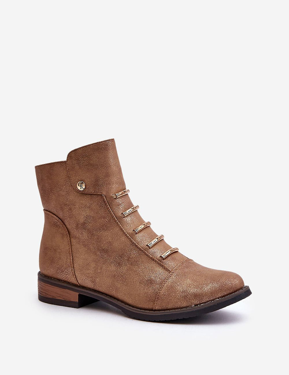 Brown ankle boots with flat heel, lace-up front, and side zipper, made from eco leather. Perfect for everyday warmth and comfort.