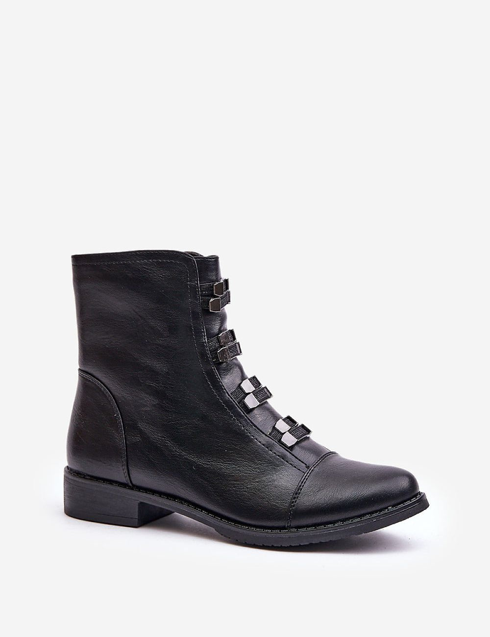 Black eco-leather ankle boots with front elastic detail and side zipper, featuring a flat 3 cm heel for elegant and practical everyday wear.