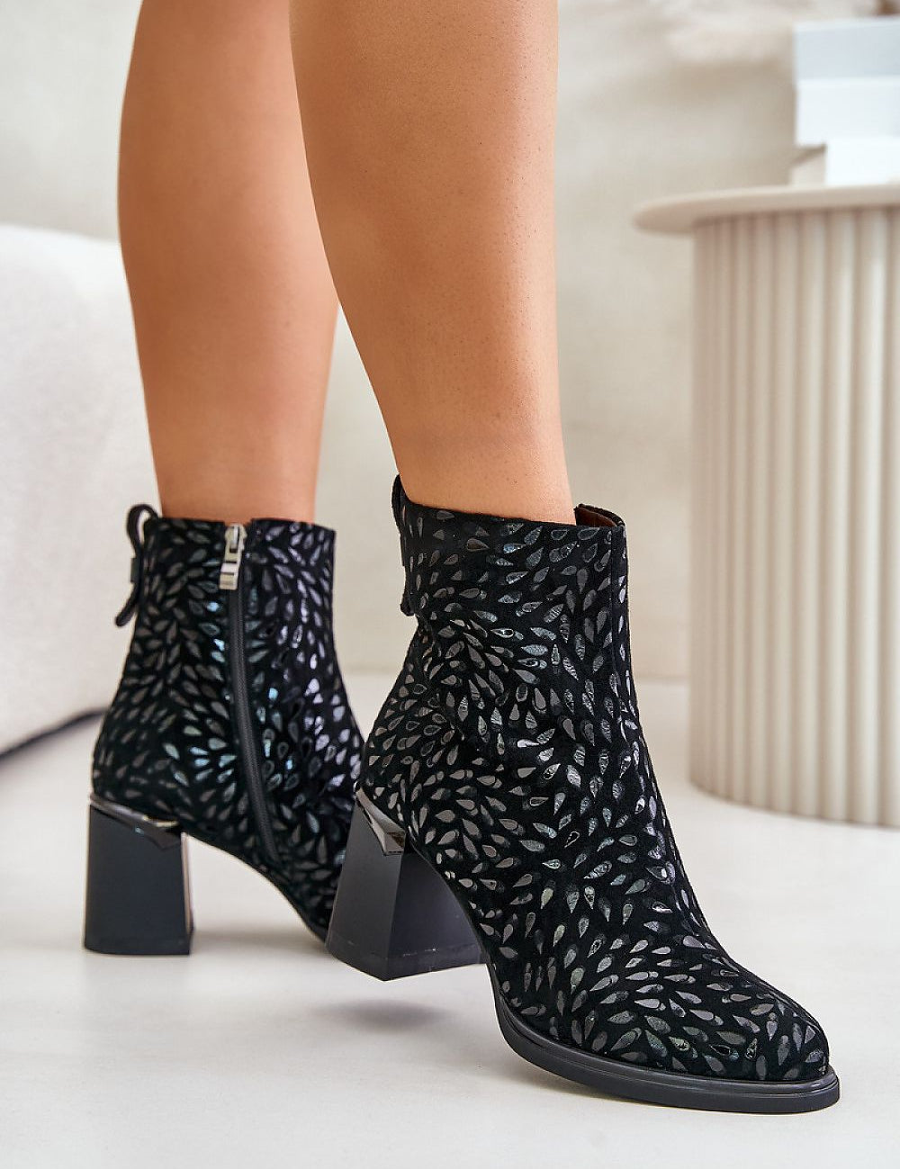 Alt Tag: Celvaria embossed suede heel boots with textured pattern and block heel, featuring side zipper and rounded toe.