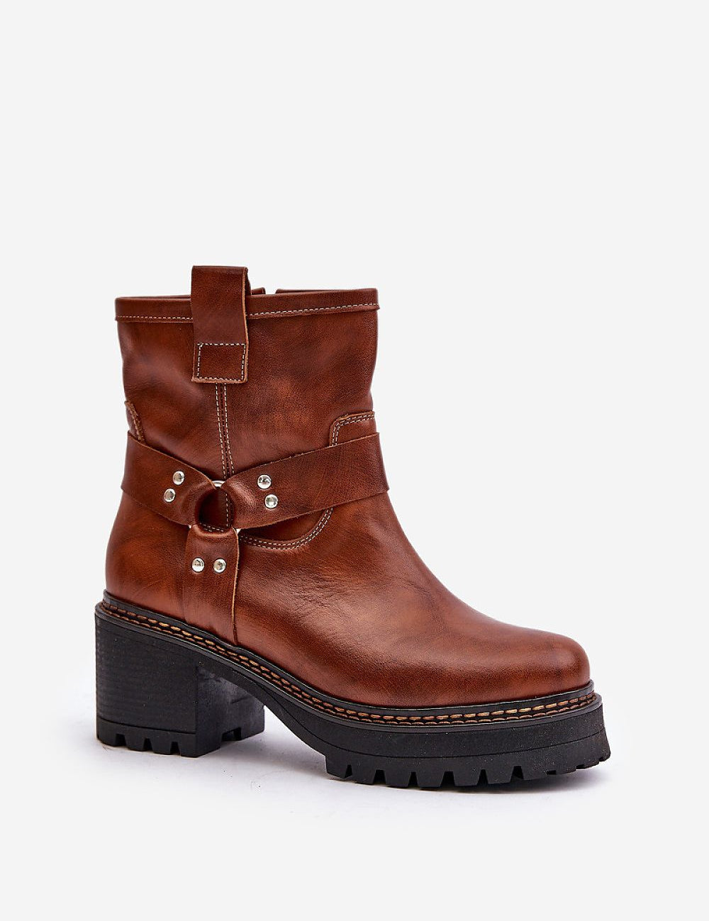 Brown leather platform heel boots with a rounded toe, side zipper, and decorative buckle, showcasing elegant and versatile design.