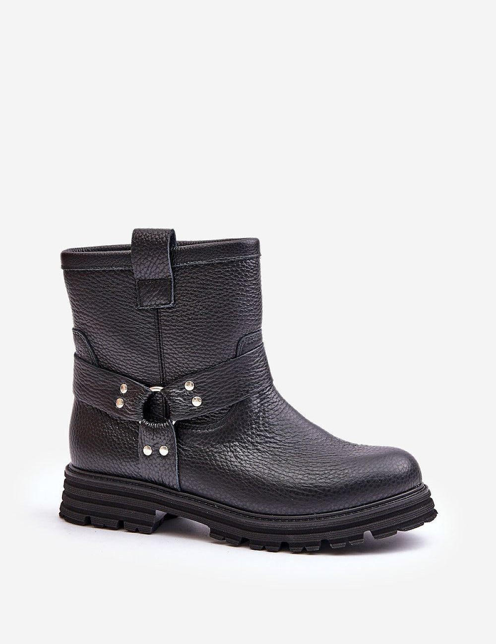 Black leather ankle boot with side buckle and textured design, featuring a rugged sole and pull tab, perfect for versatile styling.