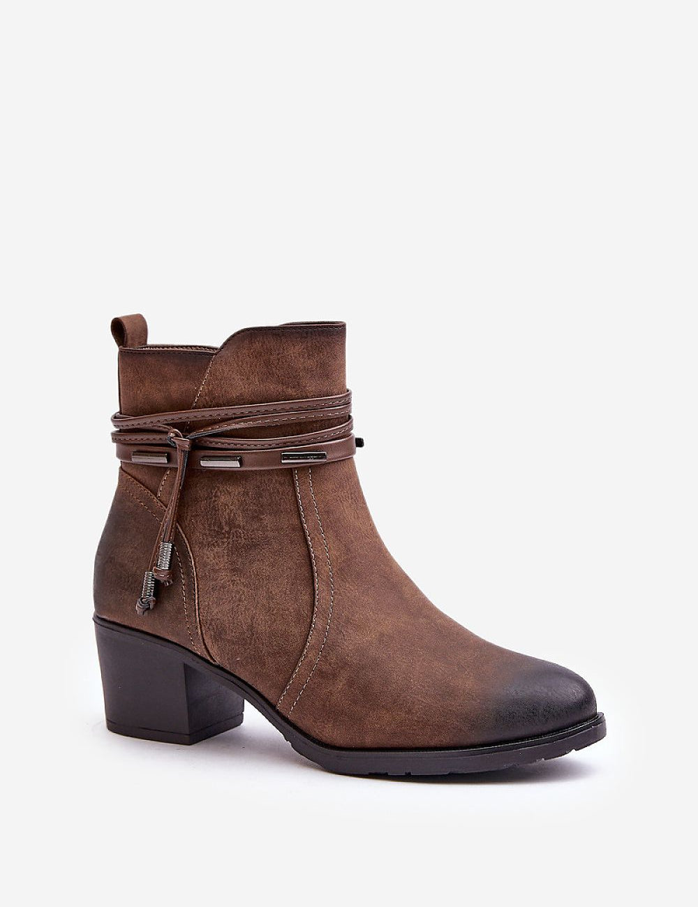 Brown eco-leather ankle boots with mid heel and side zipper, featuring decorative stripe and rounded toe, perfect for cool seasons.