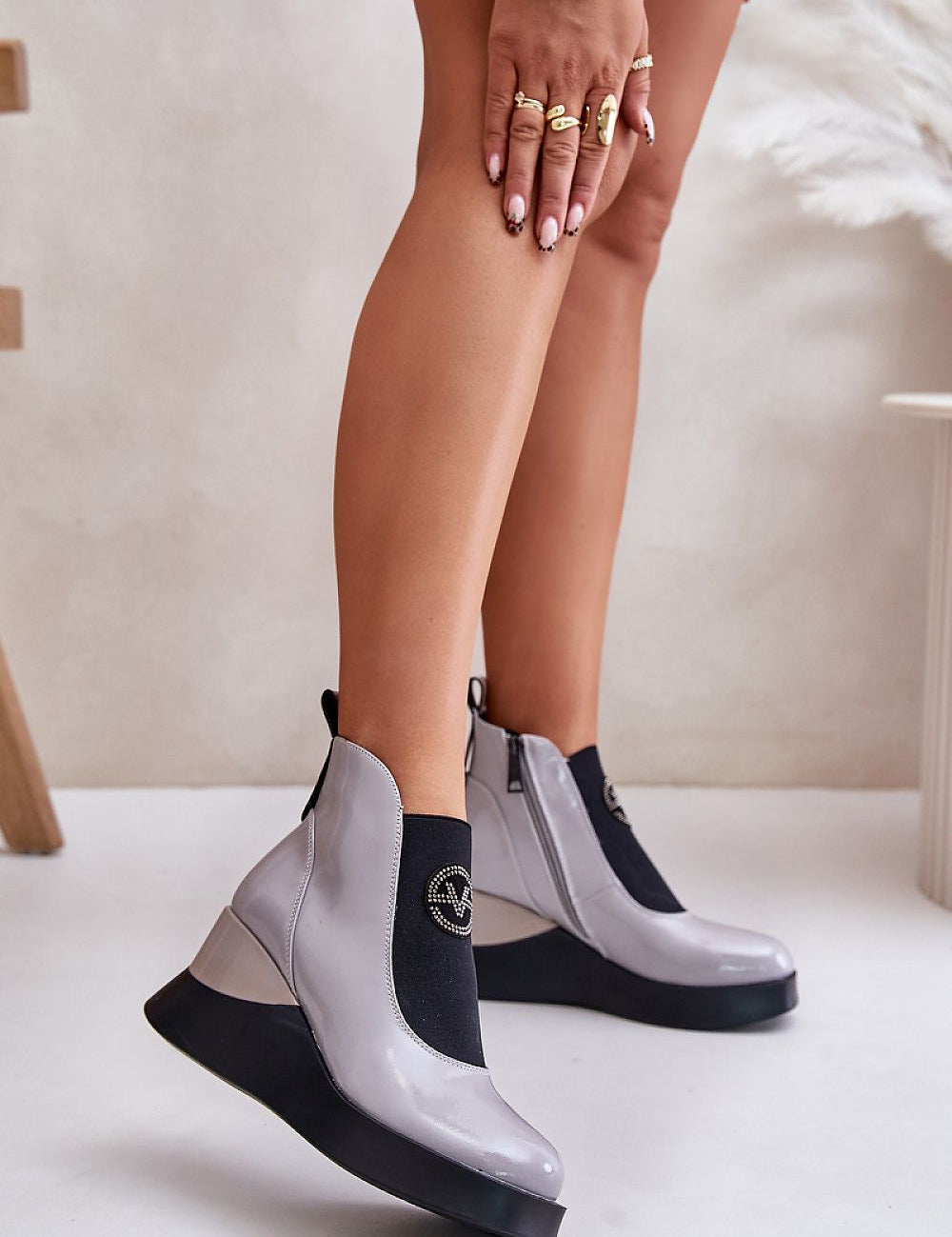 Arlirette Leather Platform Buskin Boots with round toe, anchor-style heel, elastic insert, and side zipper for winter style.