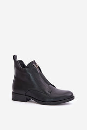 Melvaren Zip-Up Ankle Winter Boots in black eco leather with a 3cm heel, rounded toe, and side zipper for easy wear.