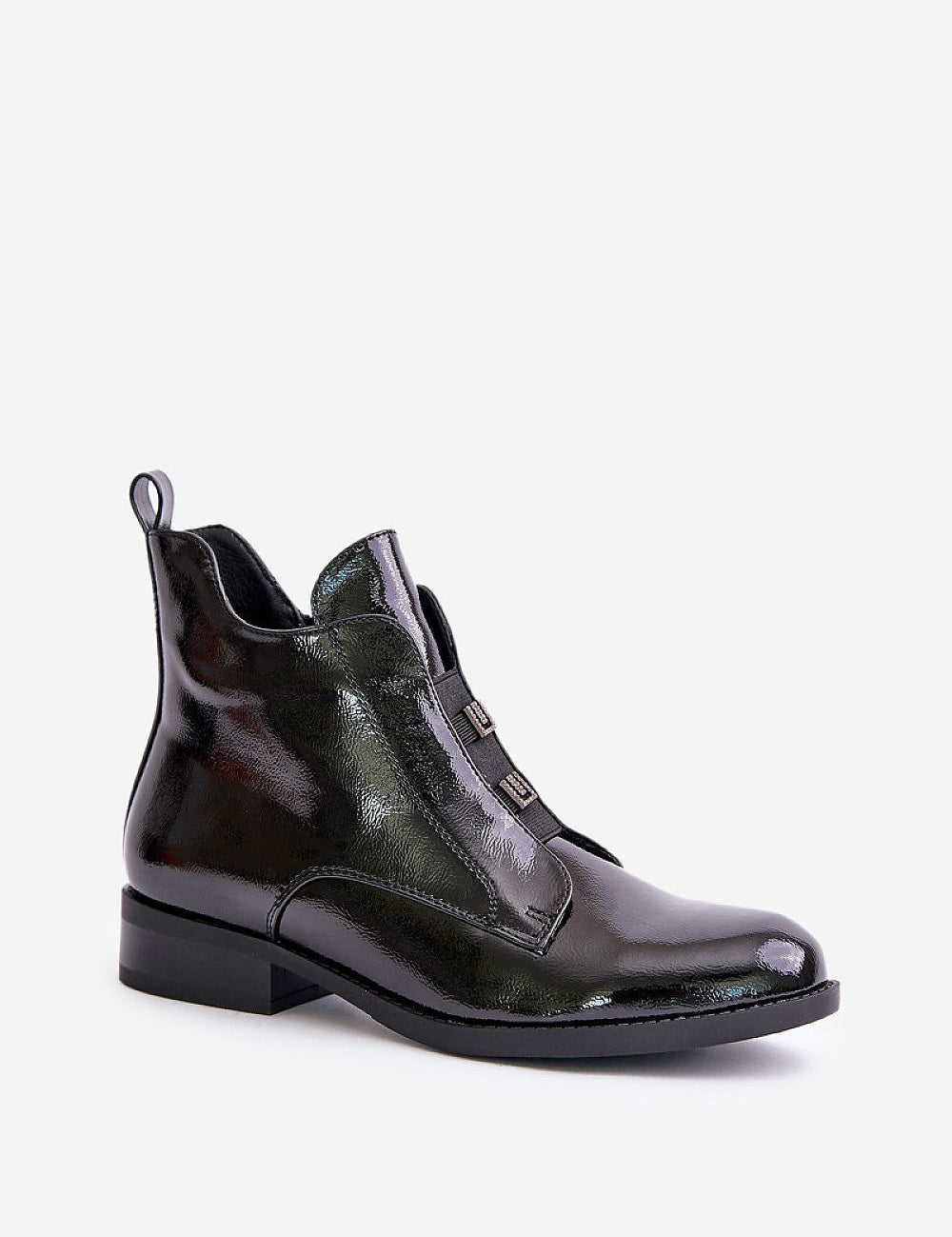 Glossy black leather ankle boot with side zip and low heel, featuring a sleek design and decorative stitching details on a white background.