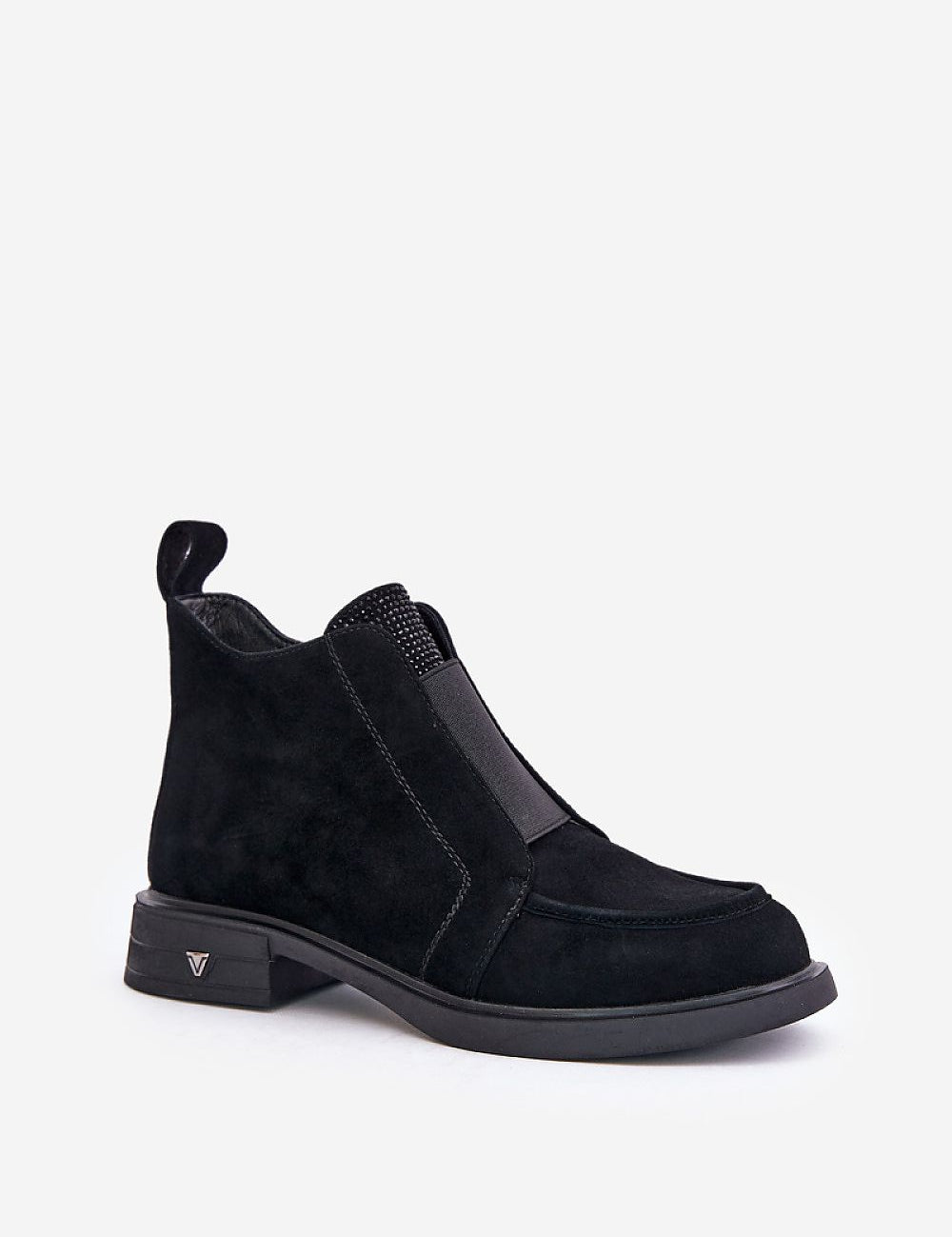 Lunavea black suede ankle boots with side zip, flat heel, and rounded toe for everyday wear, featuring decorative tongue and elastic insert.