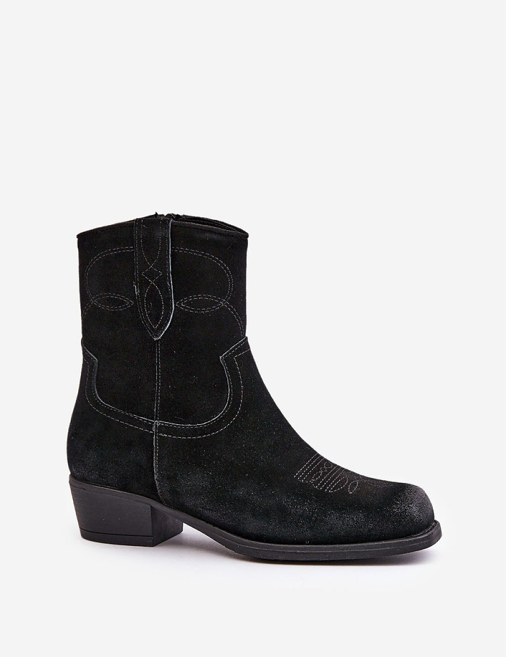 Cavirette Suede Western Heel Boots in black, featuring a 4.5 cm heel, square toe, and side zipper for easy access and stylish comfort.