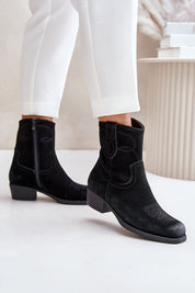 Black suede Western heel boots with square toe and stitched detail, mid-calf height, and side zipper for easy access.